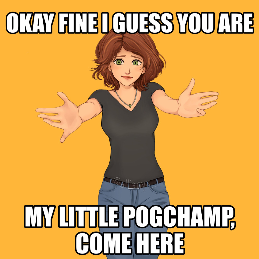 1girl belt big_hero_6 blush breasts brown_hair cass_hamada denim english_text green_eyes highres jeans jewelry looking_at_viewer meme my_little_pogchamp_(meme) necklace outstretched_arms pants short_hair simple_background small_breasts solo subtitled thighs wide_hips