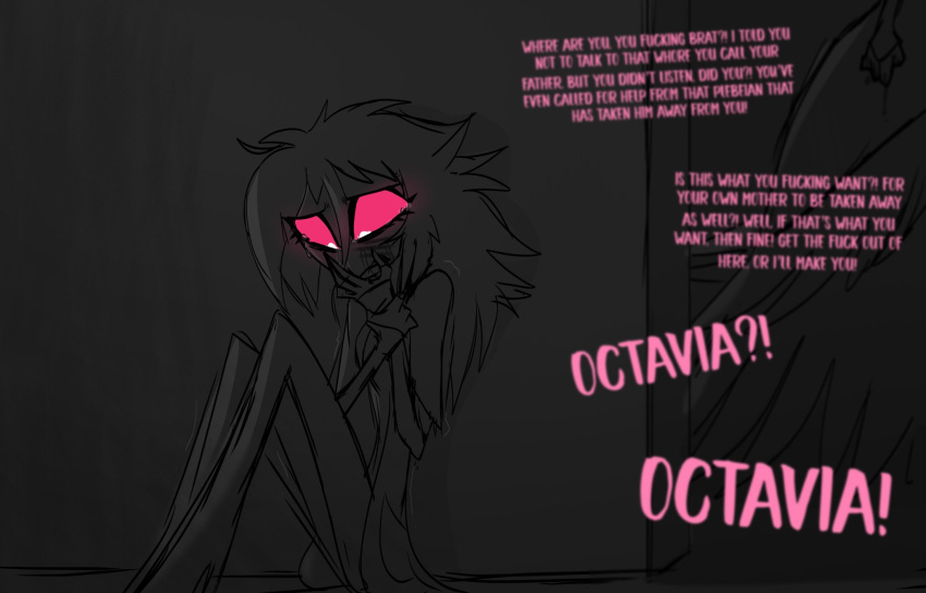 abuse angry anthro avian bird bodily_fluids child_abuse crying duo english_text female fist hair helluva_boss hi_res long_hair markings octavia_(helluva_boss) owl owl_demon pink_eyes pink_text profanity sad scratches simple_background sitting standing stella_(helluva_boss) tears teathekook text yelling