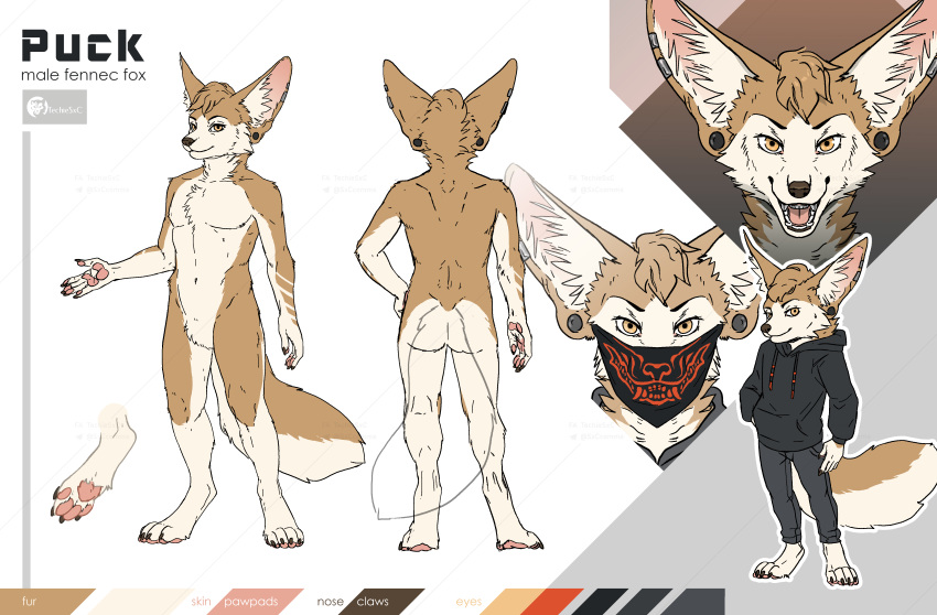 2022 absurd_res anthro bottomwear brown_body brown_fur canid canine clothing digital_media_(artwork) ear_piercing english_text fennec fox fur hi_res hoodie looking_at_viewer male mammal mask model_sheet orange_eyes pants pawpads piercing pink_pawpads puck_(smutvault) silverbloodwolf98 solo tan_body tan_fur text topwear