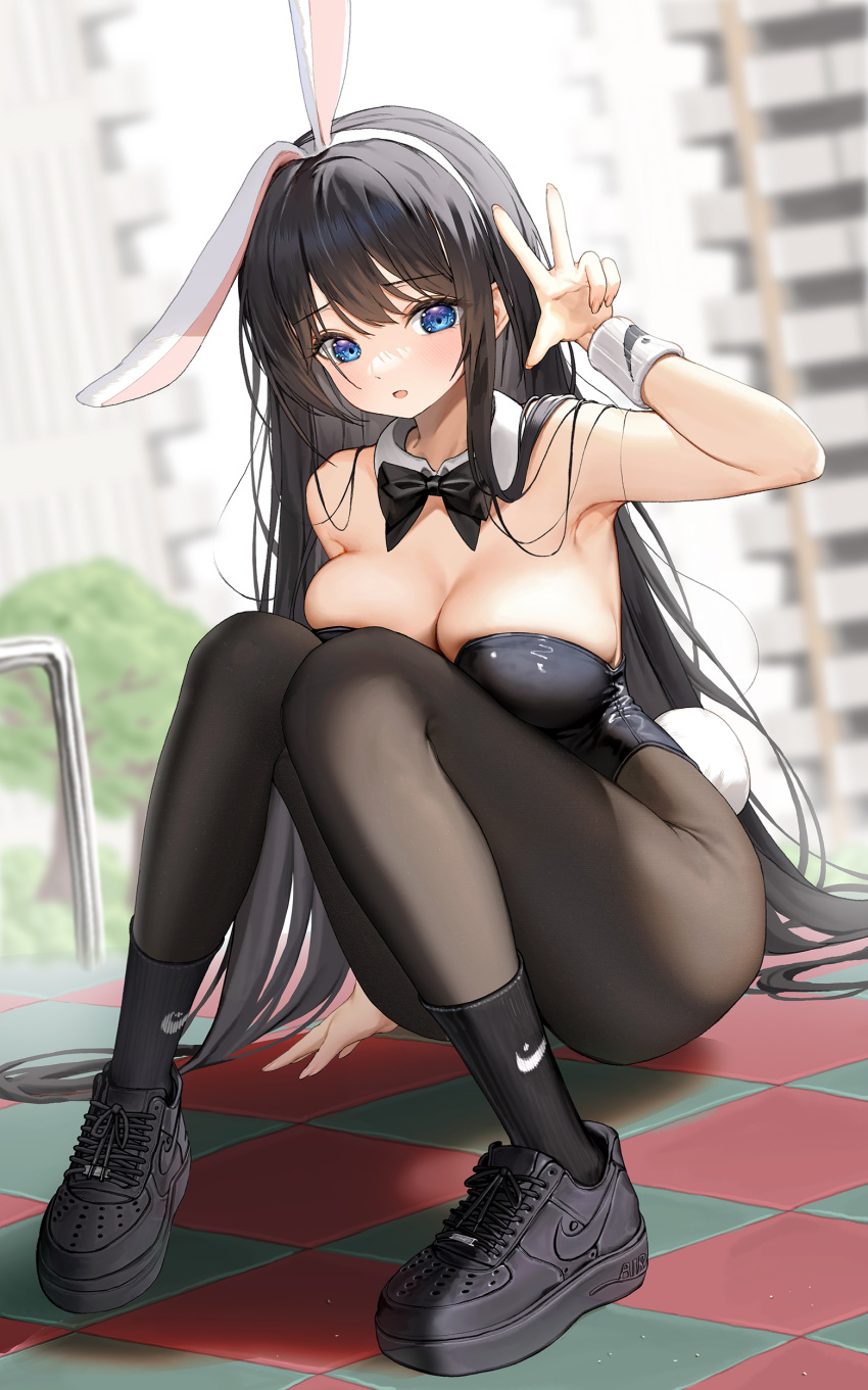 1girl absurdres animal_ears arm_up armpits bangs bare_arms bare_shoulders black_bow black_bowtie black_footwear black_hair black_leotard black_pantyhose black_socks blue_eyes blurry blurry_background blush bow bowtie breast_press breasts checkered_floor cleavage collar commentary dduck_kong detached_collar fake_animal_ears fake_tail full_body highleg highleg_leotard highres knees_together_feet_apart large_breasts leotard long_hair nike on_floor original pantyhose parted_lips playboy_bunny rabbit_ears rabbit_tail shoes sidelocks sitting sneakers socks socks_over_pantyhose solo symbol-only_commentary tail tile_floor tiles very_long_hair w white_collar wristband