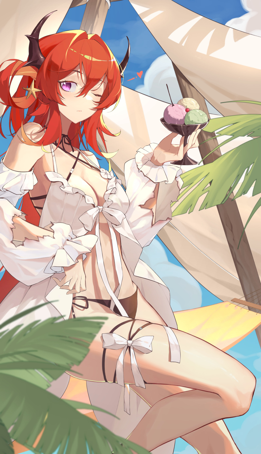 1girl absurdres arknights bangs bare_legs bare_shoulders bikini black_bikini bow bowtie breasts chinese_commentary choker cleavage closed_mouth cloud cup day demon_horns detached_sleeves feet_out_of_frame food hair_between_eyes hair_intakes hair_ornament hammock hand_up heart highres holding holding_cup horns ice_cream leaf ling_yu_(15974115107) long_hair looking_at_viewer medium_breasts one_eye_closed outdoors purple_eyes red_hair side-tie_bikini_bottom solo star_(symbol) star_hair_ornament string_choker sundae surtr_(arknights) surtr_(colorful_wonderland)_(arknights) swimsuit thigh_strap
