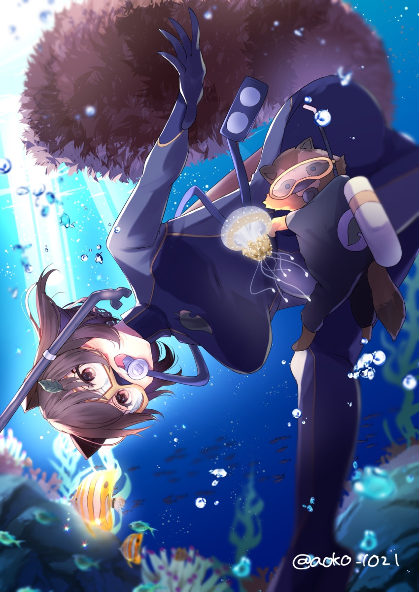 1girl :d animal animal_ears aoko_(myut7287) artist_name bangs bodysuit breasts brown_eyes brown_hair commission coral_reef diving_regulator fish futatsuiwa_mamizou highres leaf leaf_on_head open_mouth raccoon raccoon_ears raccoon_girl raccoon_tail short_hair skeb_commission smile solo tail touhou underwater water wetsuit