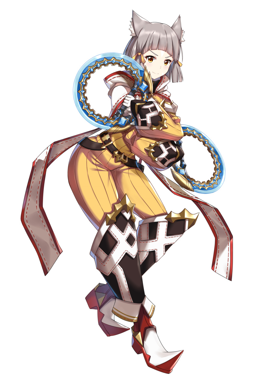 1girl absurdres animal_ears bangs blunt_bangs bodysuit cat_ears chakram facial_mark flat_chest gloves grey_hair highres nia_(xenoblade) short_hair simple_background solo weapon white_background white_gloves xenoblade_chronicles_(series) xenoblade_chronicles_2 xiao_qi yellow_bodysuit yellow_eyes