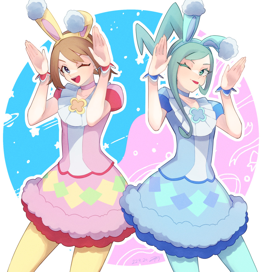 2girls animal_ears bangs blue_dress blue_pantyhose brown_hair bunny_pose cinmoku_sei dress fake_animal_ears green_eyes green_hair grey_eyes highres lisia_(pokemon) may_(pokemon) multiple_girls one_eye_closed open_mouth pantyhose pink_dress pokemon pokemon_(game) pokemon_masters_ex rabbit_ears tongue tongue_out wrist_cuffs yellow_pantyhose