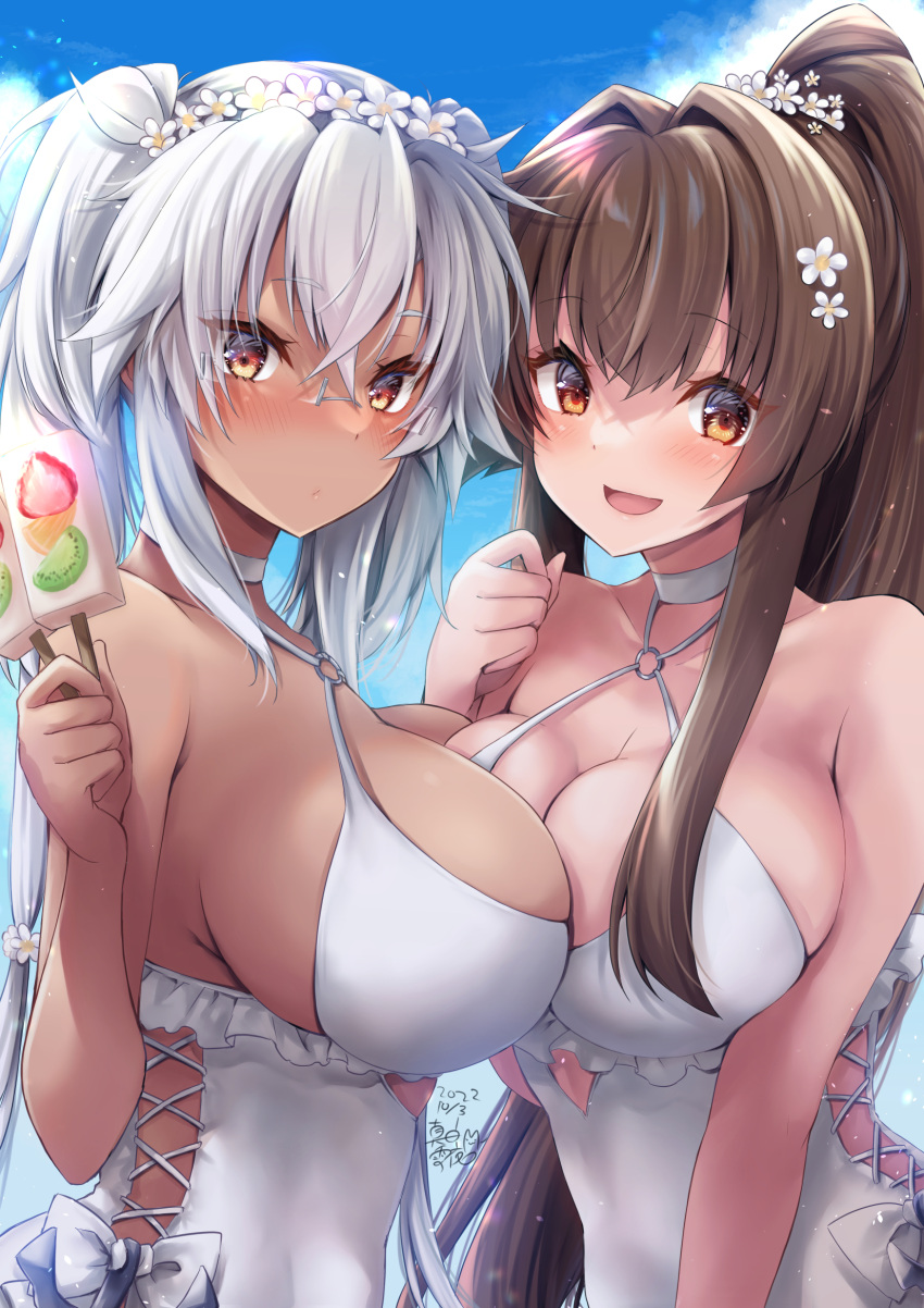 2girls asymmetrical_docking black_nails blue_sky breast_press breasts brown_eyes brown_hair casual_one-piece_swimsuit cherry_blossoms choker cloud cloudy_sky cosplay dark-skinned_female dark_skin dated day food frilled_swimsuit frills glasses grey-framed_eyewear hair_between_eyes highres holding holding_food ice_cream ice_cream_bar kantai_collection large_breasts light_brown_hair long_hair looking_at_viewer mashiro_yukiya melting multiple_girls musashi_(kancolle) one-piece_swimsuit open_mouth outdoors pointy_hair ponytail popsicle rectangular_eyewear red_eyes sagiri_(kancolle) sagiri_(kancolle)_(cosplay) semi-rimless_eyewear short_hair_with_long_locks side-tie_swimsuit sky smile swimsuit twintails twitter_username two_side_up white_choker white_one-piece_swimsuit yamato_(kancolle)