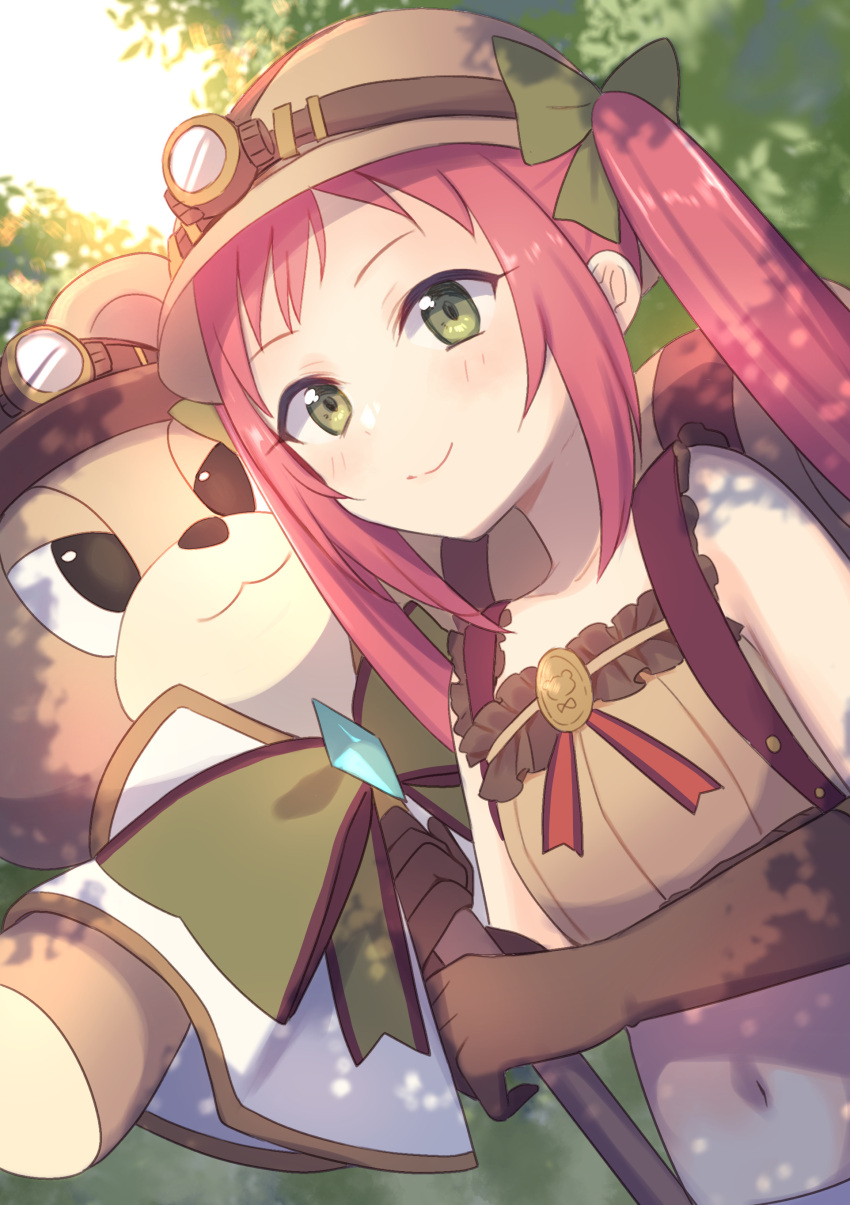 1girl absurdres ayane_(princess_connect!) bare_shoulders blush bow brown_camisole brown_gloves brown_headwear camisole closed_mouth crop_top day dutch_angle elbow_gloves gloves green_bow green_eyes gucchiann hair_bow highres holding long_hair navel outdoors princess_connect! red_hair smile solo stuffed_animal stuffed_toy teddy_bear twintails very_long_hair