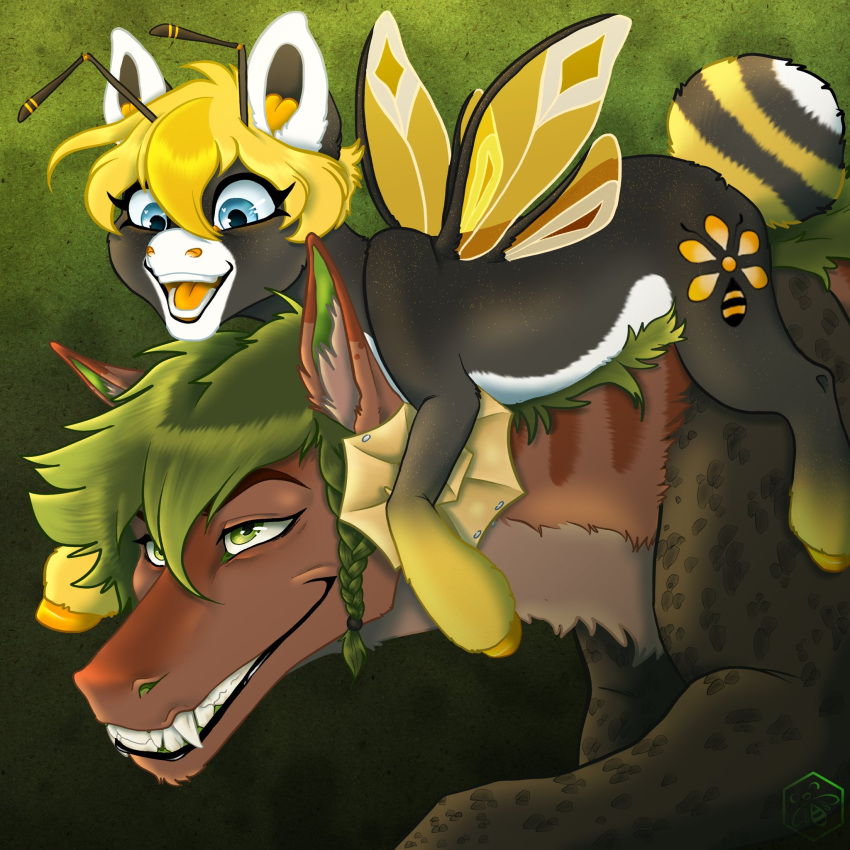 1:1 2021 antennae_(anatomy) arthropod bee belly black_body black_fur blonde_hair blue_eyes brown_body brown_fur bumble_(bumblewish) bumblewish_(artist) curved_horn cutie_mark digital_media_(artwork) dragon duo earth_pony equid equine fan_character female feral friendship_is_magic fur furred_dragon green_background green_hair hair hasbro hi_res horn horse hybrid hymenopteran insect insect_wings male mammal my_little_pony open_mouth pegasus pony riding simple_background smile teeth teeth_showing teeth_visible tongue watermark white_belly white_body white_muzzle wings