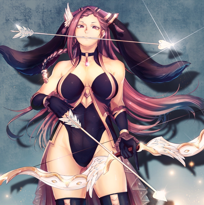 1girl absurdres animal_ears arrow_(projectile) ass_visible_through_thighs bare_shoulders black_gloves bow_(weapon) braid breasts cleavage fire_emblem fire_emblem_heroes glint gloves groin hair_ornament hat highleg highres holding jewelry large_breasts loki_(fire_emblem) long_hair looking_at_viewer minaka_shobu mouth_hold official_alternate_costume playboy_bunny purple_eyes purple_hair rabbit_ears rubber_gloves solo thighhighs thighs weapon
