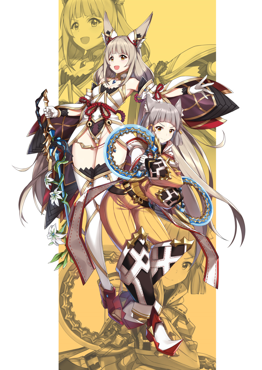 absurdres animal_ears bangs blunt_bangs bodysuit breasts cat_ears catalyst_scimitar chest_jewel cleavage detached_sleeves facial_mark gloves grey_hair highleg highleg_leotard highres leotard long_hair low_twintails nia_(blade)_(xenoblade) nia_(xenoblade) short_hair small_breasts sword thighhighs twintails very_long_hair weapon white_gloves xenoblade_chronicles_(series) xenoblade_chronicles_2 xiao_qi yellow_bodysuit yellow_eyes