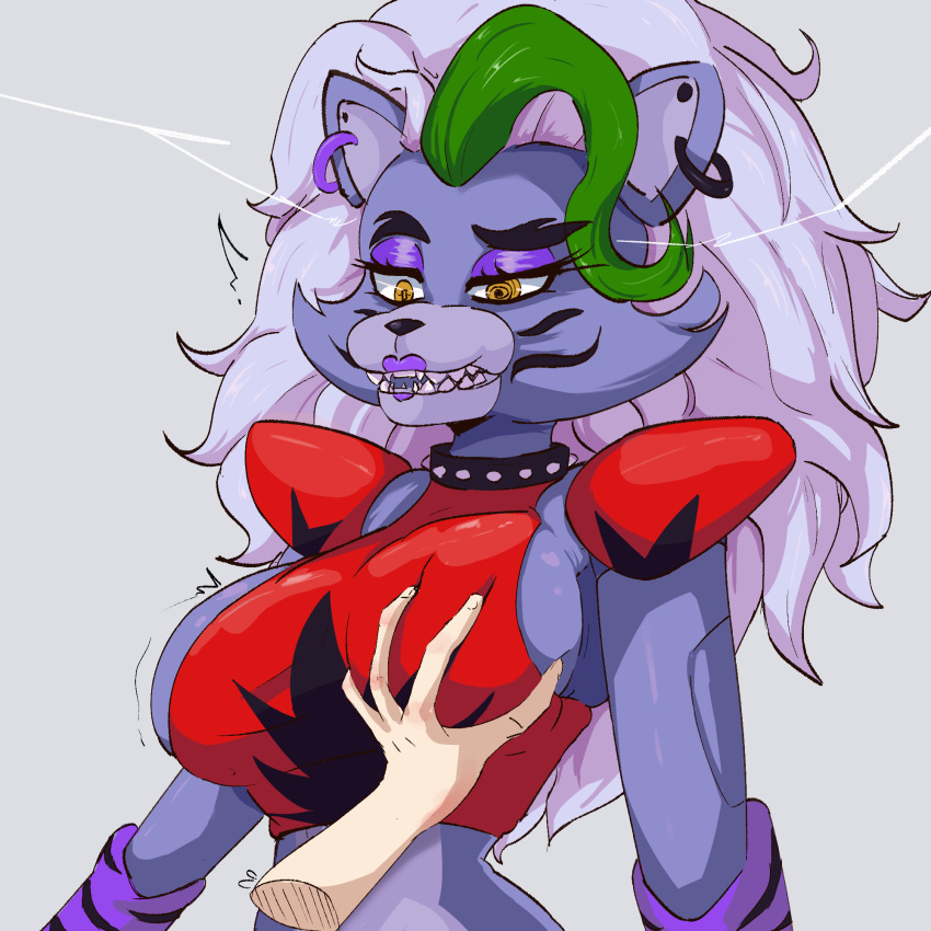 ambiguous_gender animatronic anthro blue_body breast_grab breasts canid canine disembodied_hand duo ear_piercing female five_nights_at_freddy's five_nights_at_freddy's:_security_breach fox green_hair hair hand_on_breast hi_res human jose_bonn lipstick machine makeup mammal multicolored_hair orange_eyes piercing robot roxanne_wolf_(fnaf) scottgames sharp_teeth side_boob simple_background teeth video_games white_hair wristband