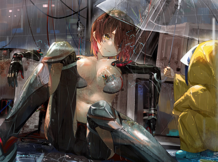 1girl android brown_eyes brown_hair cable detached_arm electricity funi_mu9 highres hololive midriff navel no_shirt raincoat roboco-san short_hair sitting smile solo_focus transparent transparent_umbrella umbrella virtual_youtuber yellow_raincoat