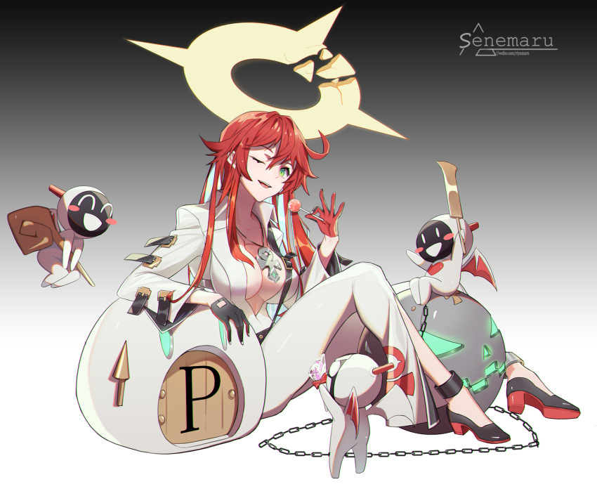 1girl artist_name ball_and_chain_restraint black_gloves breasts broken_halo candy center_opening chain clothing_cutout collarbone compass_rose_halo cross cross_necklace food gloves gradient gradient_background guilty_gear guilty_gear_strive halo high_heels highres jack-o'_valentine jewelry knight_servant large_breasts lollipop long_hair magician_servant necklace one_eye_closed open_clothes open_mouth red_hair riyu_(gauzama) sitting solo
