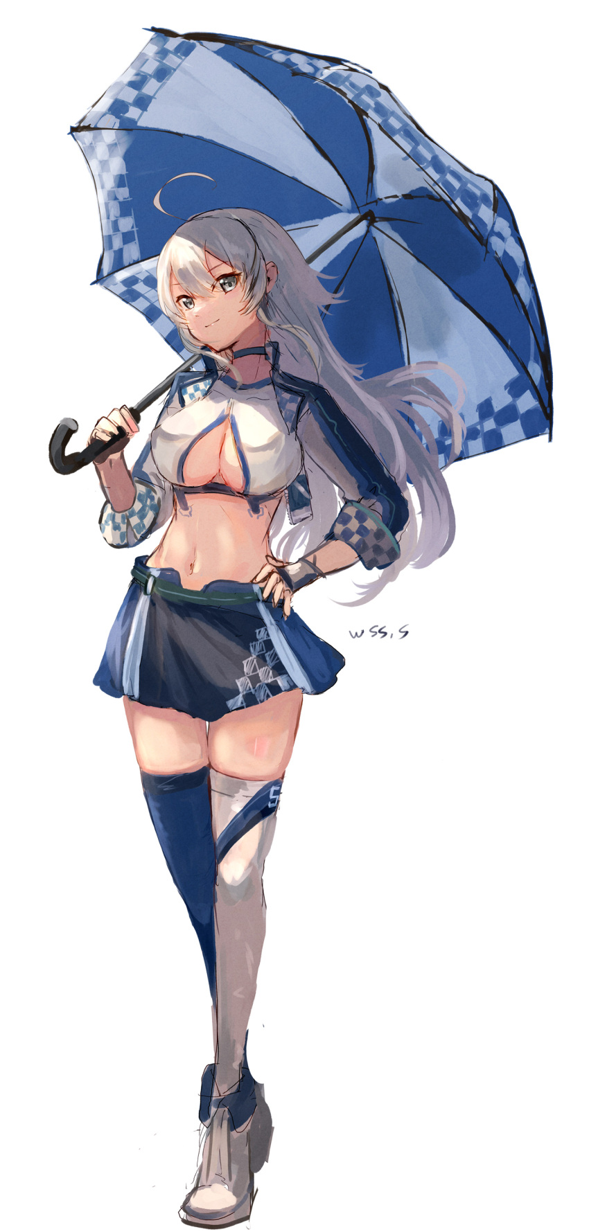 1girl absurdres ahoge alternate_costume black_skirt blue_choker blue_jacket blue_skirt blue_thighhighs breasts choker cleavage cleavage_cutout closed_mouth clothing_cutout crop_top cropped_jacket fingerless_gloves full_body gloves grey_hair hand_on_hip highres holding holding_umbrella jacket kantai_collection large_breasts long_hair looking_at_viewer multicolored_clothes multicolored_jacket multicolored_legwear navel official_alternate_costume race_queen signature sketch skirt smile solo thighhighs two-tone_jacket two-tone_skirt umbrella washington_(kancolle) white_background white_footwear white_jacket white_thighhighs wss_(nicoseiga19993411)