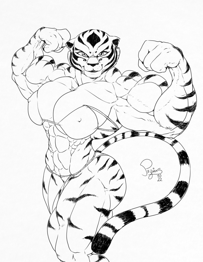 2022 abs anthro biceps bikini breasts cleavage clothed clothing dreamworks felid feline female flexing hi_res ink kung_fu_panda looking_at_viewer mammal master_tigress monochrome muscular muscular_female navel pantherine pecs pegius smile solo stripes swimwear tail tiget