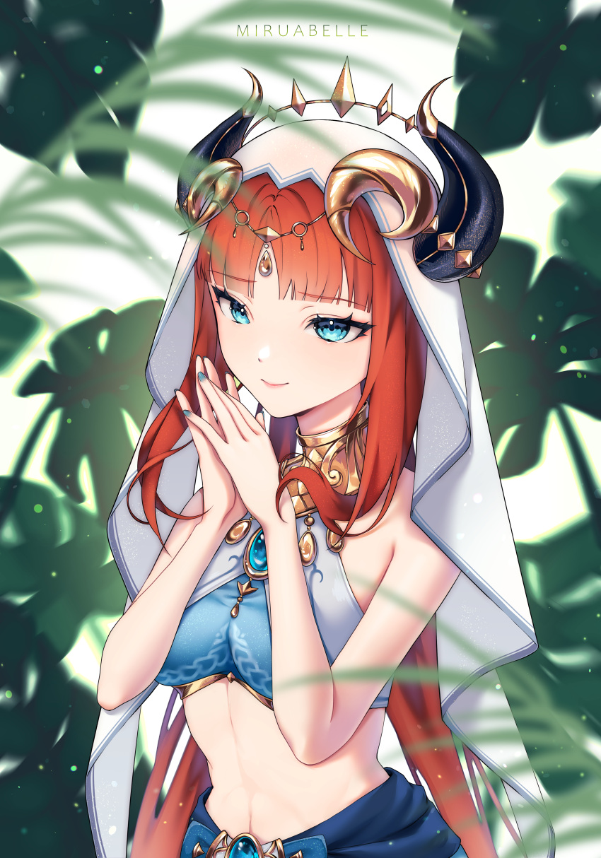 1girl absurdres aqua_eyes artist_name bangs bare_arms bare_shoulders blue_nails blue_skirt blurry blurry_foreground breasts brooch circlet closed_mouth commentary_request crop_top genshin_impact gold_trim hands_up harem_outfit highres horns jewelry leaf linea_alba long_hair looking_afar medium_breasts miruabelle nail_polish neck_ring nilou_(genshin_impact) no_detached_sleeves own_hands_together parted_bangs plant red_hair skirt smile solo stomach twintails veil vision_(genshin_impact)