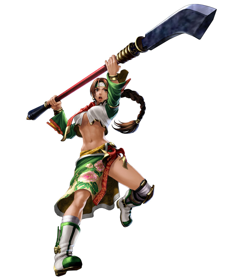 boots braid breasts brown_eyes brown_hair earrings floral_print green_sarong headband highres jewelry kawano_takuji korean_clothes long_hair midriff naginata navel no_bra official_art polearm sarong seong_mi-na single_braid solo soulcalibur soulcalibur_iv underboob weapon