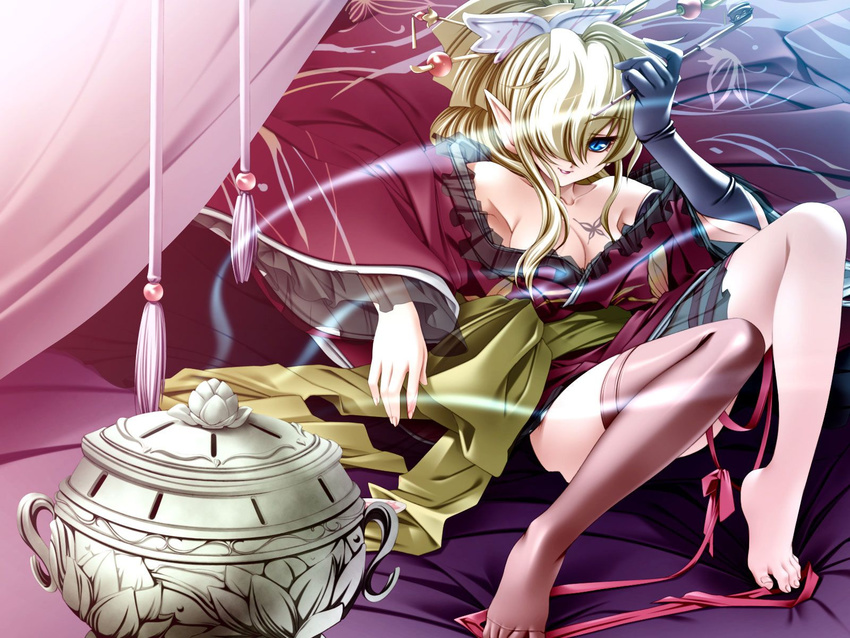 asymmetrical_clothes blonde_hair blue_eyes dress elbow_gloves gloves highres holding holding_pipe kiseru long_sleeves original peach-pit pipe pointy_ears single_thighhigh smoking solo thighhighs
