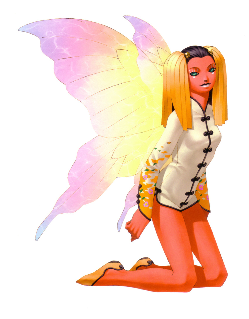 butterfly_wings china_dress chinese_clothes dress green_eyes highres hua-po kazuma_kaneko long_hair megami_tensei multicolored multicolored_hair multicolored_wings official_art persona persona_3 persona_3_portable persona_4 red_skin shin_megami_tensei shin_megami_tensei:_strange_journey simple_background solo white_background wings
