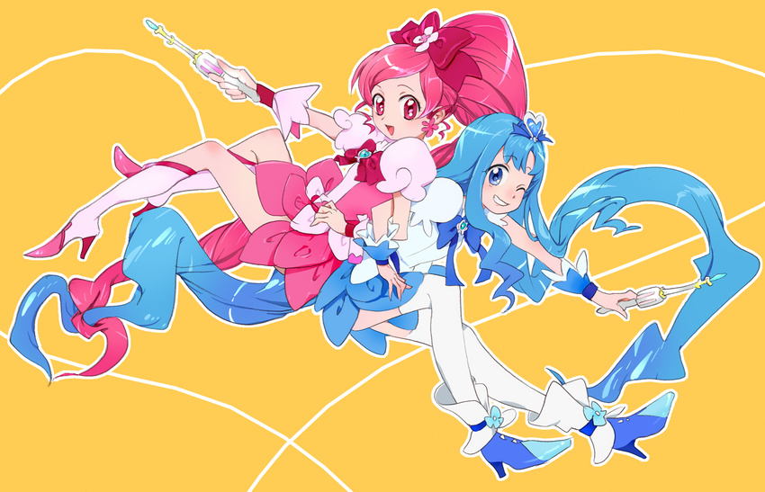 bad_id bad_pixiv_id blue_eyes blue_hair blue_skirt boots bow cure_blossom cure_marine flower_tact hanasaki_tsubomi heartcatch_precure! highres knee_boots kurumi_erika long_hair magical_girl multiple_girls pink_bow pink_eyes pink_hair ponytail precure skirt thighhighs twintails umishima_senbon very_long_hair