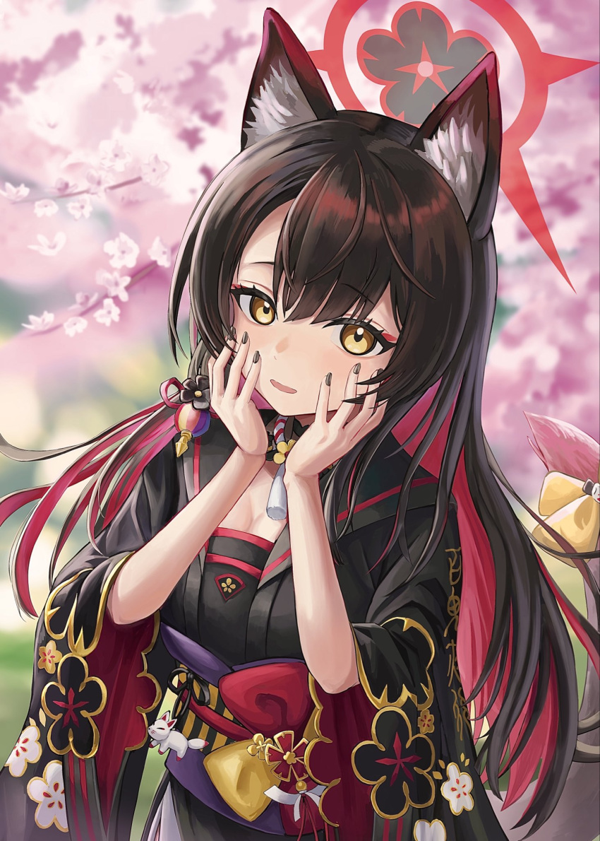 1girl animal_ear_fluff animal_ears black_hair black_kimono black_nails black_sailor_collar blue_archive blurry blurry_background blush bow breasts cherry_blossom_print cherry_blossoms colored_inner_hair commentary cowboy_shot day eyelashes eyeshadow floating_hair floral_print floral_print_kimono fox_ears fox_girl fox_tail hair_between_eyes halo hands_on_own_cheeks hands_on_own_face hands_up highres japanese_clothes kimono large_breasts long_hair long_sleeves looking_at_viewer makeup multicolored_hair nail_polish open_mouth outdoors print_kimono purple_sash red_eyeshadow red_hair red_halo sailor_collar sash school_uniform serafuku smile solo straight_hair tail tail_bow tail_ornament two-tone_hair uninoharuo very_long_hair wakamo_(blue_archive) wide_sleeves yellow_bow yellow_eyes