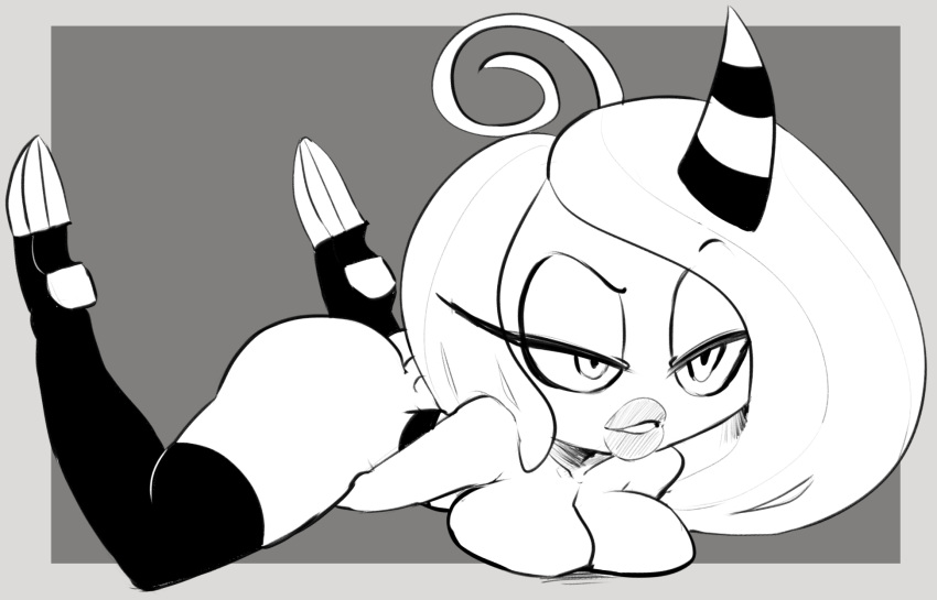 ahoge alien black_and_white border breast_rest breasts butt female grey_background half-closed_eyes hands_between_legs hearlesssoul hi_res hooves horned_humanoid humanoid legs_up lying markings monochrome not_furry nude on_front outside_border simple_background socks_(marking) solo sonic_(series) thick_lips zeena zeti