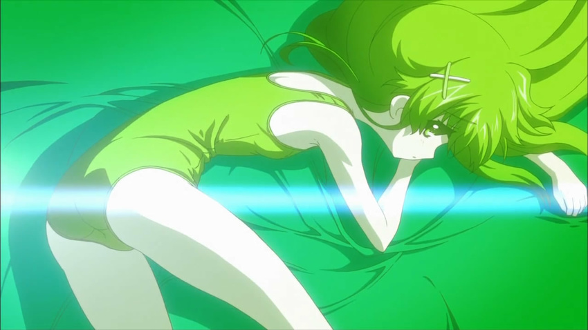 ass flat_chest green green_swimsuit hercule_barton long_hair lying one-piece_swimsuit school_swimsuit screencap swimsuit tantei_opera_milky_holmes