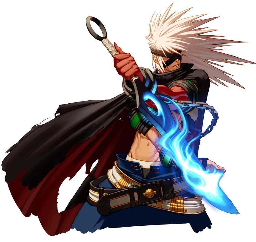 asura asura_(dungeon_and_fighter) belt belts blindfold cape chains cloak dungeon_and_fighter dungeon_fighter_online highres long_hair muscle red_arm shackle shackles shirtless slayer slayer_(dungeon_and_fighter) sword weapon white_hair