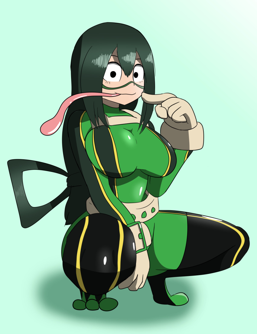 5_fingers amphibian amphibian_humanoid animal_humanoid asui_tsuyu big_breasts breasts clothed clothing crouching eyelashes female fingers frog_humanoid fully_clothed gloves green_background green_hair hair humanoid long_hair long_tongue looking_at_viewer my_hero_academia simple_background skinsuit smile solo spread_legs spreading tight_clothing tongue tongue_out tonytoran