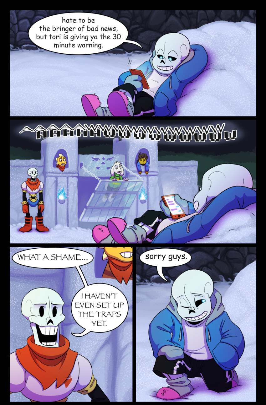 absolutedream animated_skeleton asriel_dreemurr bone boss_monster bovid caprine castle comic comic_sans delta_rune dialogue english_text fire human lizard mammal monster_kid papyrus_(undertale) protagonist_(undertale) reptile sans_(undertale) scalie skeleton snow text undead undertale video_games