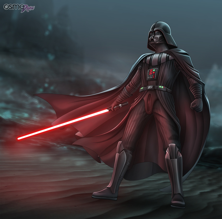 1boy armor black_cape black_suit cape cyborg dark darksider_(star_wars) darth_vader desert energy_sword formal helmet highres lightsaber male_focus osmedraw red_lightning science_fiction sith solo star_wars suit sword weapon