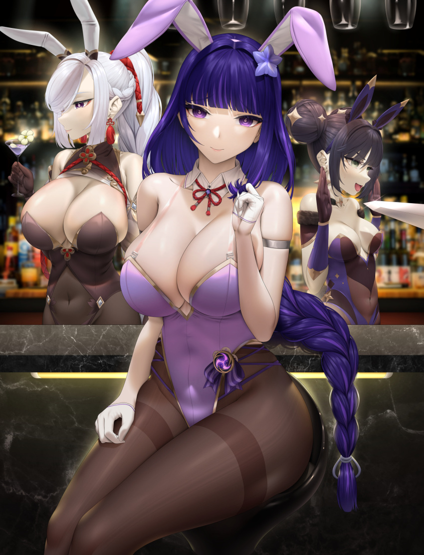 3girls alternate_costume animal_ears arm_strap bangs bare_shoulders black_gloves black_leotard blunt_bangs blush braid braided_ponytail breasts cleavage closed_mouth commentary covered_navel cup detached_collar fake_animal_ears fouriasensei genshin_impact gloves grey_hair hair_bun hands_up highleg highleg_leotard highres large_breasts leotard long_hair looking_at_viewer mona_(genshin_impact) multiple_girls pantyhose playboy_bunny purple_eyes purple_hair purple_leotard rabbit_ears raiden_shogun shenhe_(genshin_impact) sitting smile symbol-only_commentary thighband_pantyhose thighs vision_(genshin_impact) white_gloves