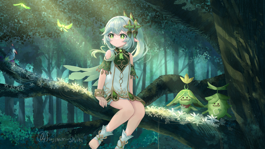 1girl aranara_(genshin_impact) arm_support armlet artist_name bangs bird bracelet cape closed_mouth commentary_request cross-shaped_pupils crystalfly_(genshin_impact) dress floating_hair flower foot_out_of_frame forest fujimori_shiki genshin_impact green_eyes hair_between_eyes hair_ornament highres in_tree jewelry leaf_hair_ornament light_rays long_hair looking_to_the_side nahida_(genshin_impact) nature outdoors petite pointy_ears side_ponytail sitting sitting_in_tree sleeveless sleeveless_dress solo toes tree twitter_username white_dress white_flower white_footwear white_hair