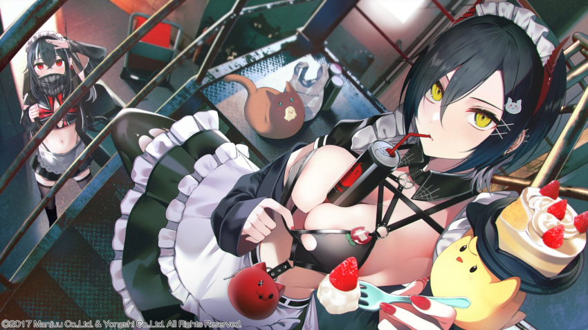 2girls apron azur_lane banned_artist between_breasts bikini black_hair black_skirt black_thighhighs breast_strap breasts brown_cat cake can cat_hair_ornament covered_mouth cross drinking_straw food frilled_apron frills from_above hair_between_eyes hair_ornament holding holding_can holding_tray horns iron_cross looking_at_viewer looking_up maid_bikini maid_headdress manjuu_(azur_lane) mechanical_horns medium_breasts meowfficer_(azur_lane) metal midriff multicolored_hair multiple_girls o-ring o-ring_top official_alternate_costume official_art pulled_by_self red_eyes red_horns scarf scarf_over_mouth short_hair skirt stairs streaked_hair swimsuit tetsubuta thighhighs tray two-tone_hair u-47_(azur_lane) u-47_(urban_maid)_(azur_lane) ulrich_von_hutten_(azur_lane) ulrich_von_hutten_(mayhem_maid)_(azur_lane) waist_apron white_apron white_hair x_hair_ornament yellow_eyes zettai_ryouiki