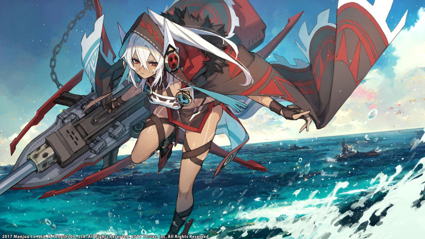 1girl azur_lane blue_sky bodypaint breast_curtain cloak dark-skinned_female dark_skin facepaint fur-trimmed_cloak fur_trim highres leaning_forward long_hair mephist minneapolis_(azur_lane) native_american red_eyes revealing_clothes rigging sky solo walking walking_on_liquid water white_hair