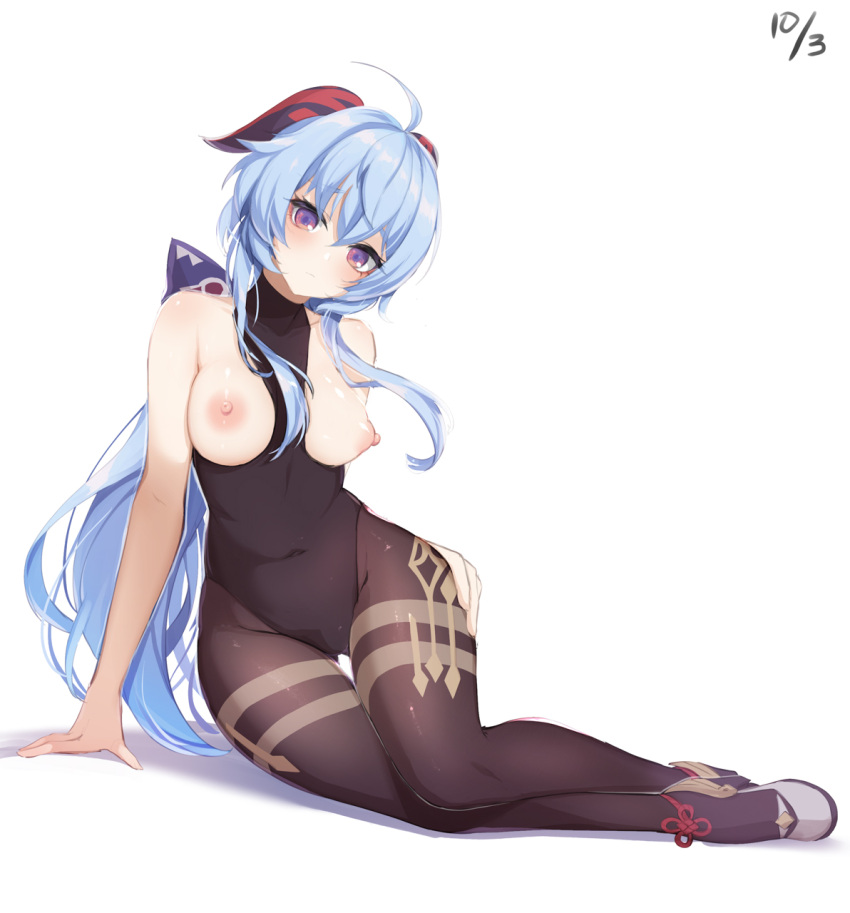 1girl ahoge arm_support bangs bare_arms bare_shoulders between_breasts black_leotard black_pantyhose blue_hair breasts breasts_out closed_mouth collarbone covered_navel dated flower_knot full_body ganyu_(genshin_impact) genshin_impact highres horns large_breasts leotard long_hair looking_at_viewer nipples pantyhose purple_eyes red_ribbon ribbon simple_background solo thigh_strap very_long_hair white_background yu-ta