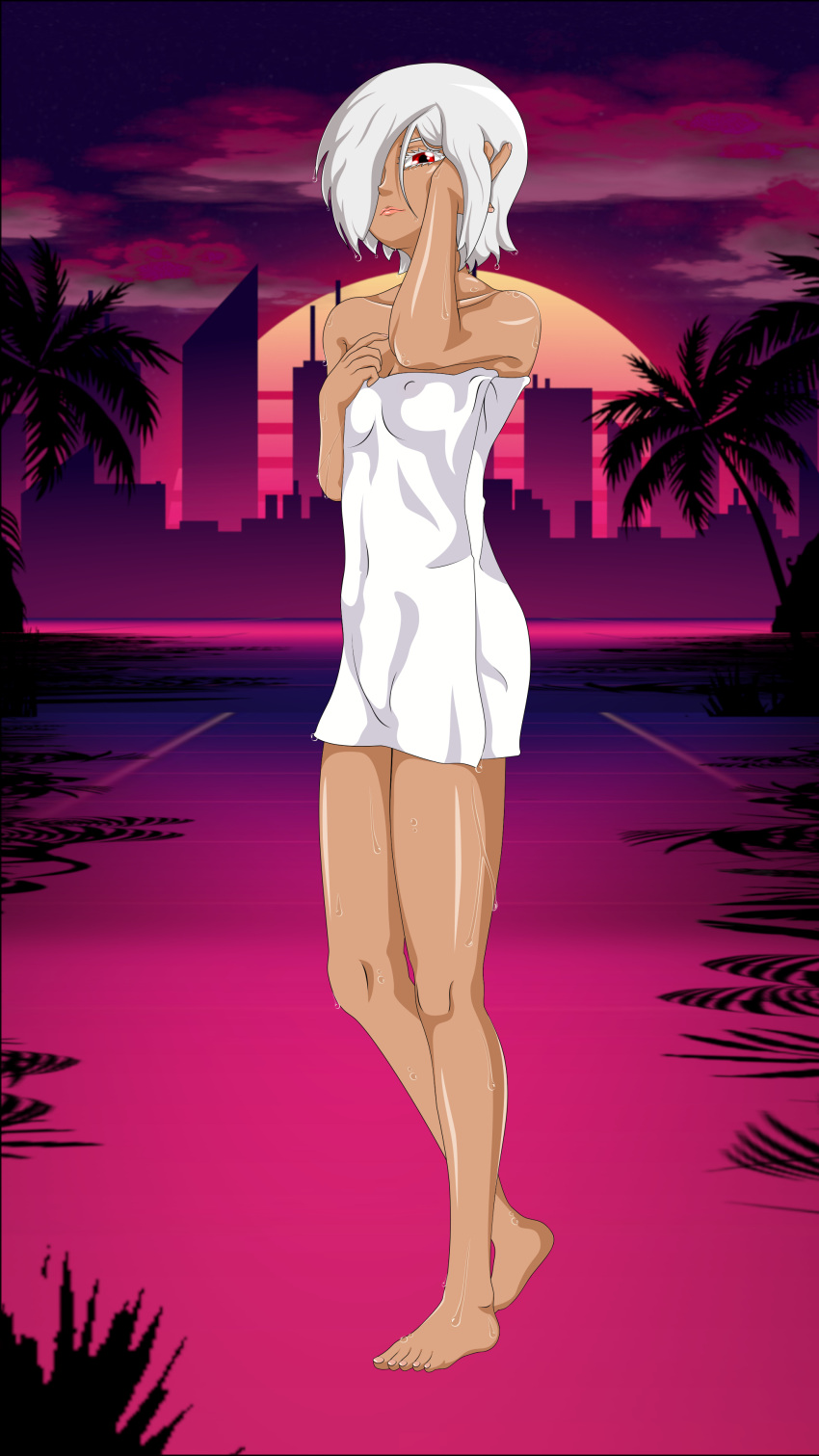 absurdres barefoot blush covered_nipples highres kuu_chan kuudere looking_at_viewer looking_down red_eyes skyline sleepy_fox synthwave tan towel wet wet_face wet_hair white_hair wifu_box