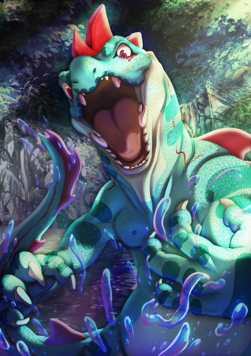 2022 absurd_res ambiguous_gender anthro claws cliff detailed detailed_scales fangs feraligatr finger_claws generation_2_pokemon goldenemotions green_body green_scales hi_res looking_at_viewer nintendo open_mouth partially_submerged pokemon pokemon_(species) red_eyes rock scales scalie semi-anthro shaded snout solo splash tongue video_games water white_claws