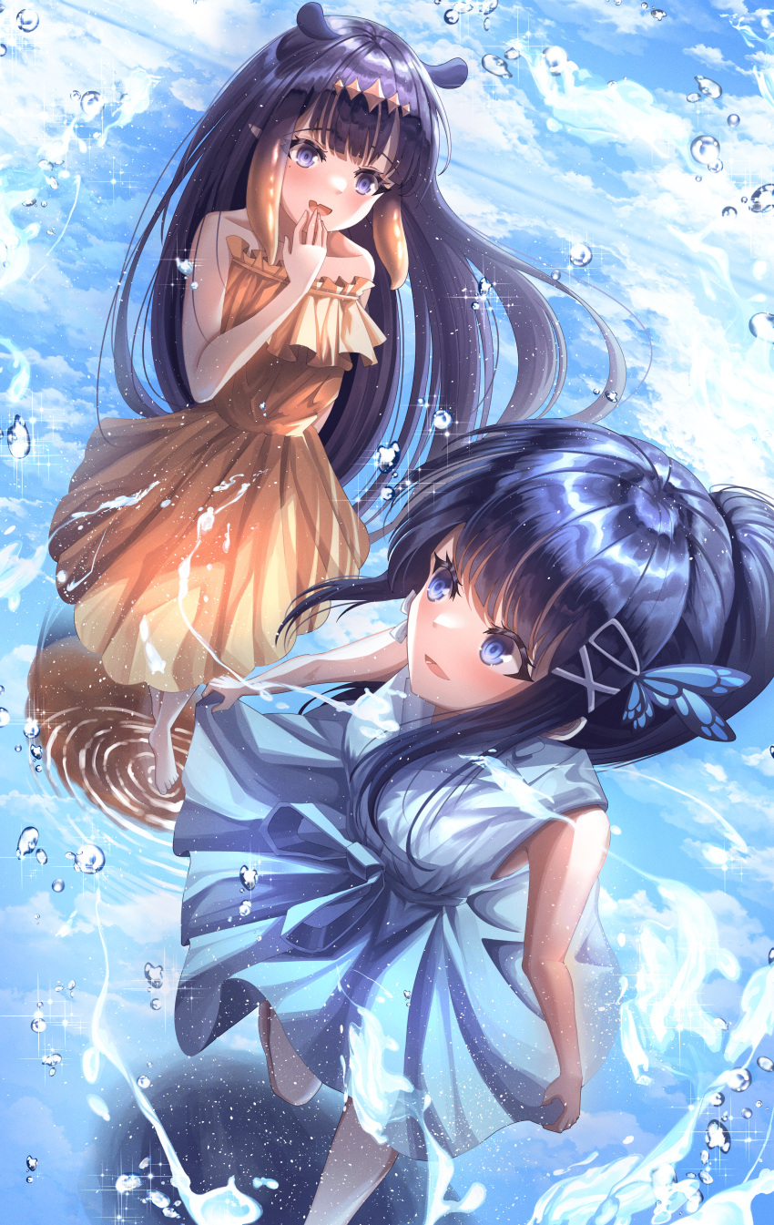 2girls absurdres aoi_nabi bare_shoulders barefoot blue_dress blue_eyes blue_hair butterfly_hair_ornament dress hair_ornament hairclip highres hololive hololive_english indie_virtual_youtuber layer_(artist) mole mole_under_eye multiple_girls ninomae_ina'nis open_mouth orange_dress pointy_ears ponytail purple_eyes purple_hair sidelocks smile strapless strapless_dress summer tentacle_hair virtual_youtuber water