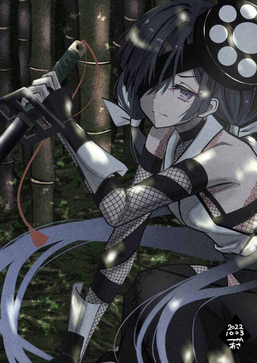 1girl absurdres bamboo bamboo_forest black_hair dated eyepatch fate/grand_order fate_(series) fishnet_sleeves forest highres low_twintails mochizuki_chiyome_(fate) nature ninjatou purple_eyes reverse_grip short_sword signature sword tattoo tsukaasa twintails weapon