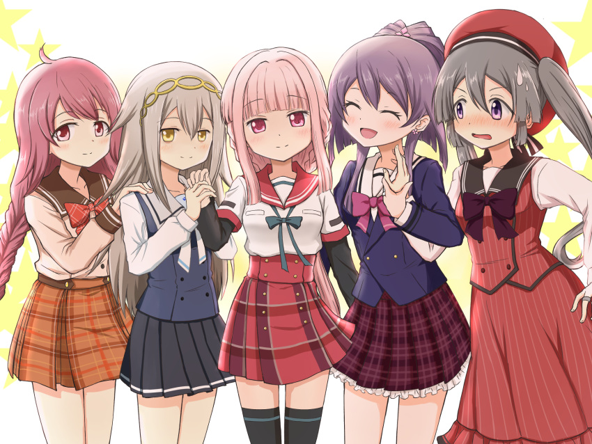 5girls :d ahoge aika_himena aqua_ribbon arm_at_side backlighting bangs beret black_skirt black_thighhighs blazer blue_vest blunt_bangs blunt_ends blush bow bowtie braid breast_pocket buttons closed_eyes closed_mouth dot_nose dress earrings embarrassed frilled_skirt frills gilcrows grey_hair hair_between_eyes half_updo hand_on_another's_shoulder hand_on_hip hat highres himuro_rabi holding_hands iwakiriyama_high_school_uniform jacket jewelry kamihama_future_academy_school_uniform kamihama_university_affiliated_school_uniform kureha_yuna long_dress long_hair long_sleeves looking_at_another looking_at_viewer low_ponytail low_twin_braids magia_record:_mahou_shoujo_madoka_magica_gaiden mahou_shoujo_madoka_magica miniskirt multiple_girls neck_ribbon open_mouth orange_skirt pink_bow pink_bowtie pink_eyes pink_hair pink_shirt pink_skirt pinstripe_dress pinstripe_pattern plaid plaid_bow plaid_bowtie plaid_skirt pleated_skirt pocket purple_bow purple_bowtie purple_eyes purple_hair purple_jacket red_bow red_bowtie red_headwear red_sailor_collar red_skirt red_vest ribbon sailor_collar sailor_shirt school_uniform serafuku shirt short_hair_with_long_locks side_braids sidelocks skirt sleeve_cuffs smile spiked_hair split_mouth striped striped_dress swept_bangs tamaki_iroha thighhighs tokime_shizuka torayamachi_academy_school_uniform twin_braids twintails vertical-striped_dress vertical_stripes very_long_hair vest wavy_mouth white_ribbon white_shirt wing_collar yellow_background zettai_ryouiki