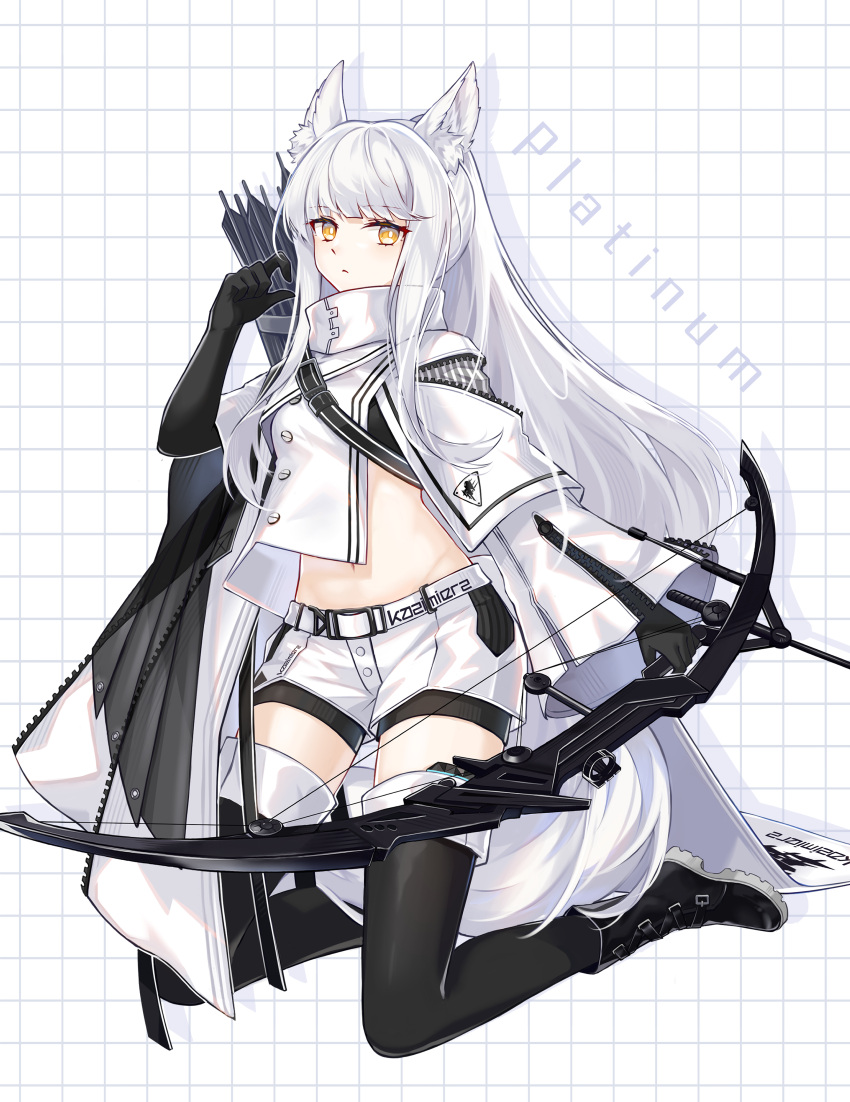 1girl absurdres animal_ear_fluff animal_ears arknights arrow_(projectile) black_footwear black_gloves black_thighhighs boots bow_(weapon) character_name commentary_request gloves highres holding holding_bow_(weapon) holding_weapon jacket kneeling lalihop long_hair long_sleeves midriff navel partial_commentary platinum_(arknights) quiver short_shorts shorts solo stomach thighhighs thighs very_long_hair weapon white_hair white_jacket white_shorts yellow_eyes