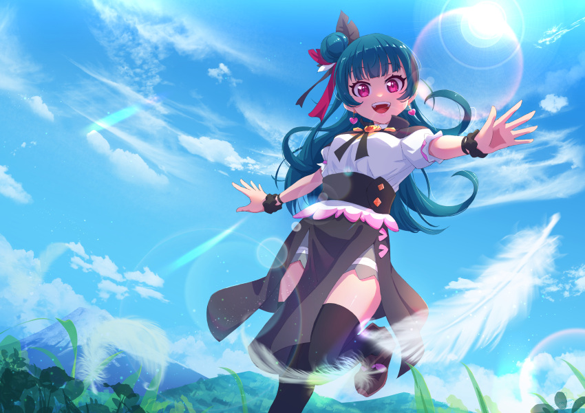 1girl :d absurdres bangs black_skirt black_thighhighs blouse blue_hair blunt_bangs breasts commentary dark_blue_hair day earrings eyelashes falling_feathers feather_hair_ornament feathers genjitsu_no_yohane grey_skirt hair_bun hair_ornament heart heart_earrings high-waist_skirt highres jewelry layered_skirt lens_flare looking_at_viewer love_live! love_live!_sunshine!! medium_breasts medium_skirt outdoors outstretched_arms pink_eyes puffy_short_sleeves puffy_sleeves senkun shirt short_sleeves side_slit sidelighting single_side_bun skirt smile solo sun teeth thighhighs tongue tsushima_yoshiko upper_teeth white_shirt