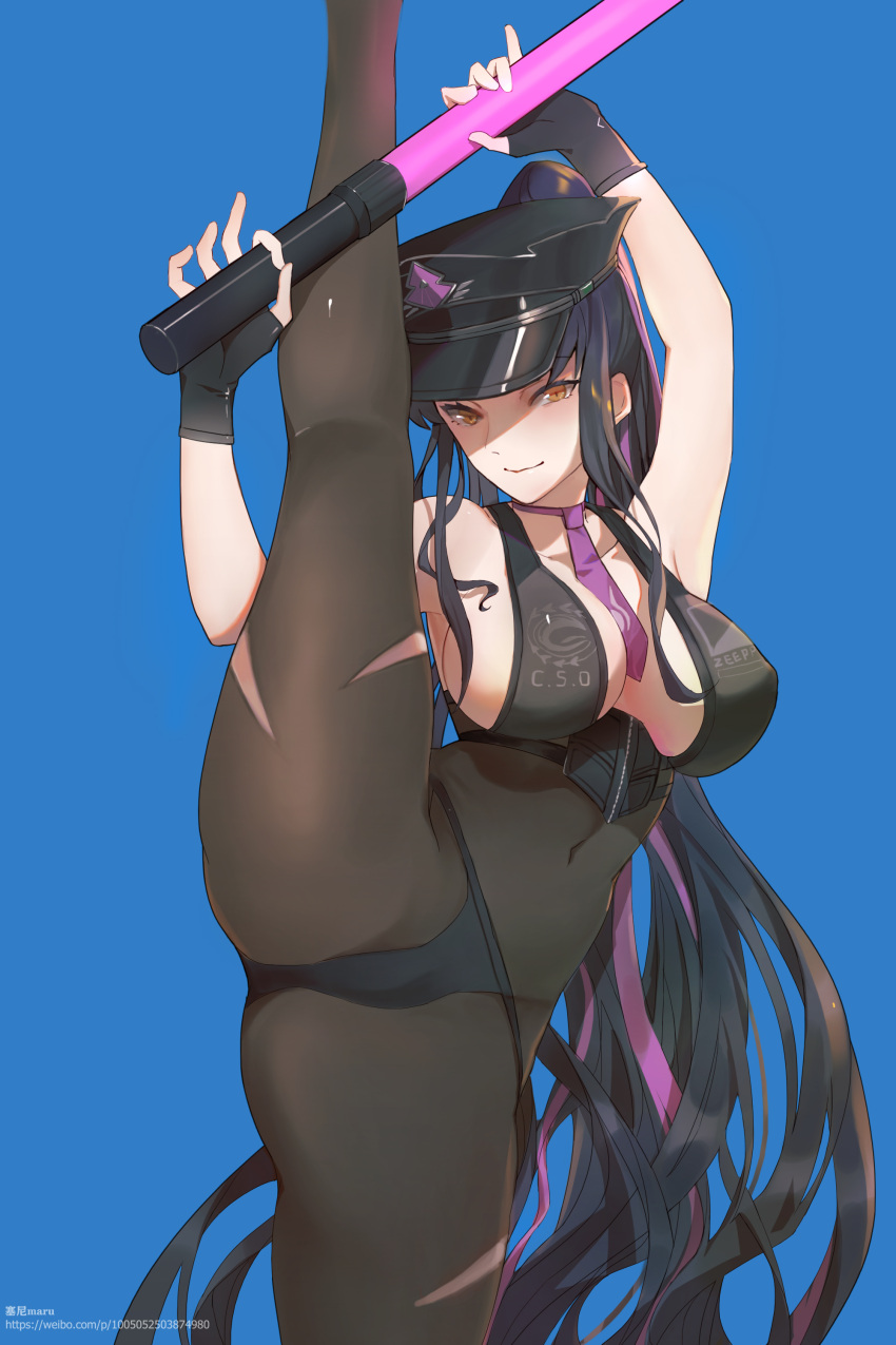 1girl absurdres between_breasts bikini black_bikini black_gloves black_hair black_headwear black_pantyhose blue_background breasts covered_navel fate/grand_order fate_(series) fingerless_gloves gloves hat highres large_breasts leg_up long_hair looking_at_viewer multicolored_hair neckerchief pantyhose peaked_cap police_hat ponytail purple_hair purple_neckerchief riyu_(gauzama) see-through sesshouin_kiara sesshouin_kiara_(swimsuit_mooncancer) sesshouin_kiara_(swimsuit_mooncancer)_(second_ascension) shaded_face shirt signature simple_background smile solo split standing standing_on_one_leg standing_split streaked_hair string_bikini swimsuit torn_clothes torn_legwear torn_pantyhose traffic_baton very_long_hair white_background yellow_eyes