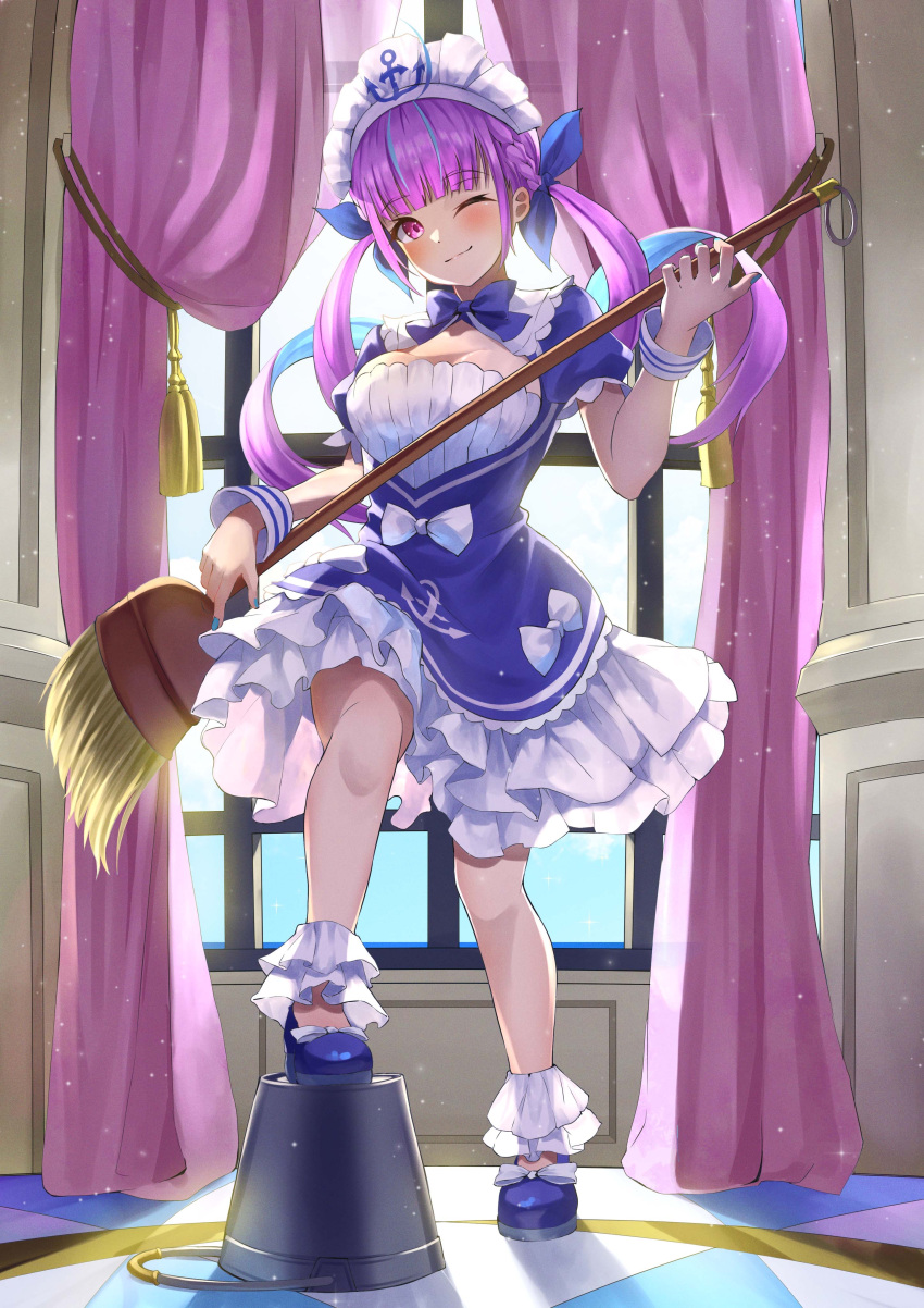 1girl ;) absurdres anchor_hair_ornament anchor_symbol ankle_cuffs bangs blue_bow blue_bowtie blue_dress blue_footwear blue_hair blue_nails blunt_bangs bow bowtie breasts broom bucket chakuma_(yiyh1468) closed_mouth collar colored_inner_hair curtains day dress dress_bow drill_hair footwear_bow frilled_dress frills full_body hair_ornament hands_up highres holding holding_broom hololive indoors large_breasts leg_up long_hair looking_at_viewer maid maid_headdress minato_aqua multicolored_hair one_eye_closed pink_curtains pink_eyes purple_hair short_sleeves smile solo standing standing_on_object streaked_hair twin_drills twintails two-tone_hair virtual_youtuber white_bow white_collar window wrist_cuffs