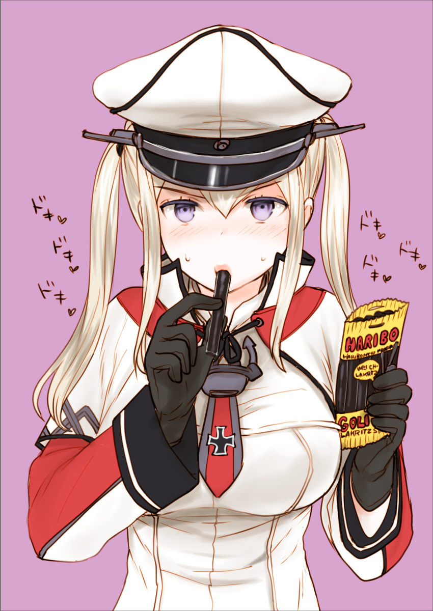 1girl absurdres black_gloves blonde_hair breasts capelet gloves graf_zeppelin_(kancolle) haribo hat highres kantai_collection kutouten large_breasts licorice_(food) military military_hat military_uniform purple_eyes sidelocks solo sweat twintails uniform upper_body