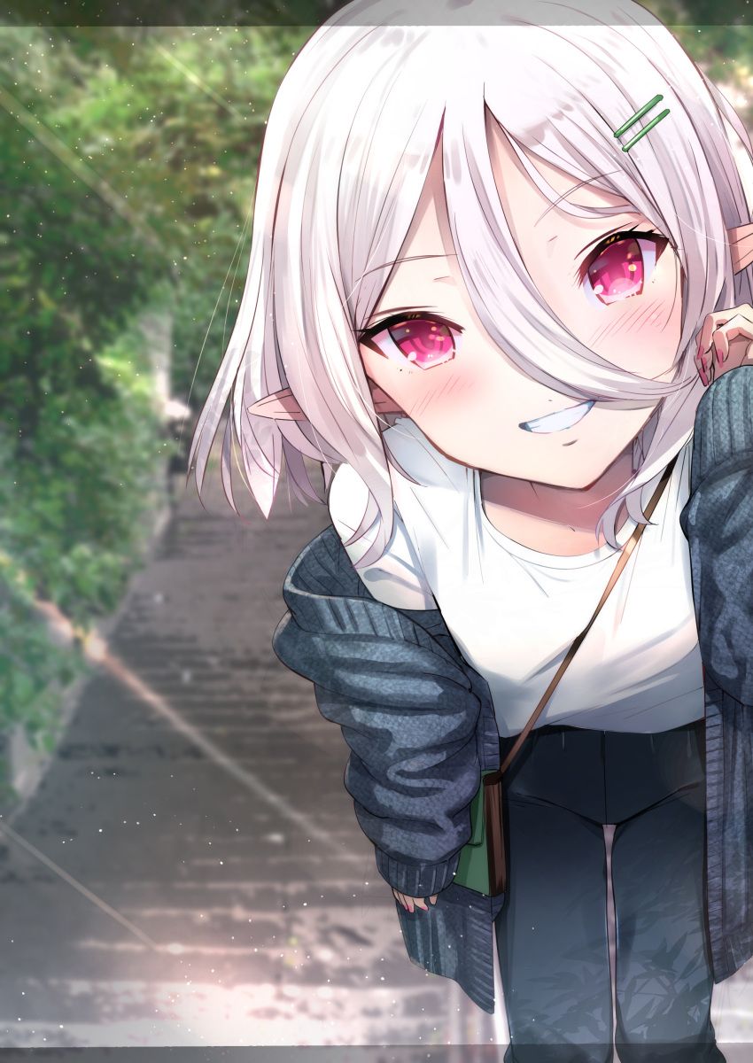 :d absurdres bag bent_over black_jacket black_pants blush casual day elf grin handbag highres jacket kokkoro_(princess_connect!) light_rays long_sleeves looking_at_viewer natsushima_memo open_clothes open_jacket outdoors pants parted_lips pink_eyes poi pointy_ears princess_connect! shirt short_hair shoulder_bag smile stairs standing sunbeam sunlight white_hair white_shirt