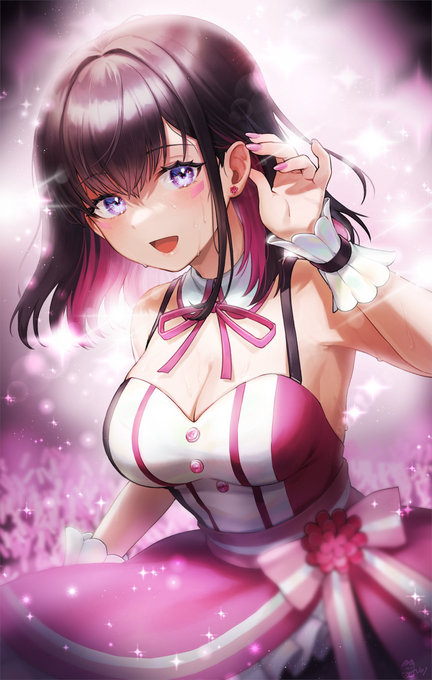 1girl absurdres azki_(hololive) bare_shoulders blue_eyes blurry breasts brown_hair cleavage colored_inner_hair depth_of_field detached_collar dress hand_on_ear highres hololive light_blush looking_at_viewer medium_breasts medium_hair multicolored_hair neck_ribbon noixen open_mouth pink_hair ribbon sidelocks simple_background smile upper_body virtual_youtuber wristband