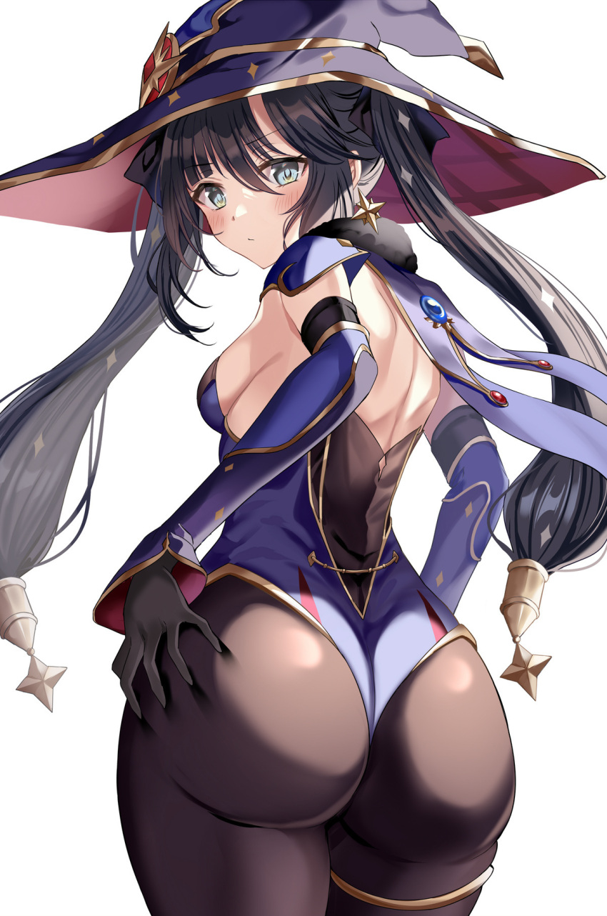 1girl aqua_eyes ass ass_grab bangs black_gloves black_hair black_pantyhose blush breasts closed_mouth cowboy_shot earrings fur_collar genshin_impact gloves grabbing_own_ass hair_between_eyes harimoji hat highres jewelry leotard long_hair looking_at_viewer medium_breasts mona_(genshin_impact) pantyhose purple_headwear purple_leotard sideboob simple_background solo thighlet twintails v-shaped_eyebrows white_background witch_hat