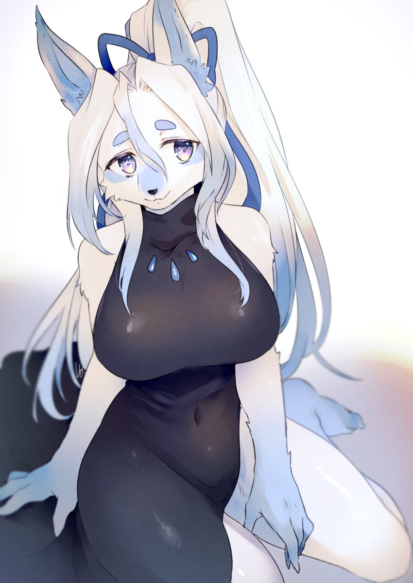accessory anthro biped black_nose blue_body blue_fur blue_hair breasts canid canine cheek_tuft clothing dress eyebrows eyelashes facial_tuft female fur hair hair_accessory hair_ribbon hi_res htg inner_ear_fluff kemono kneeling long_hair looking_at_viewer mammal multicolored_body multicolored_fur multicolored_hair navel_outline ponytail purple_eyes ribbons smile solo thick_eyebrows tuft two_tone_body two_tone_fur two_tone_hair white_body white_fur white_hair