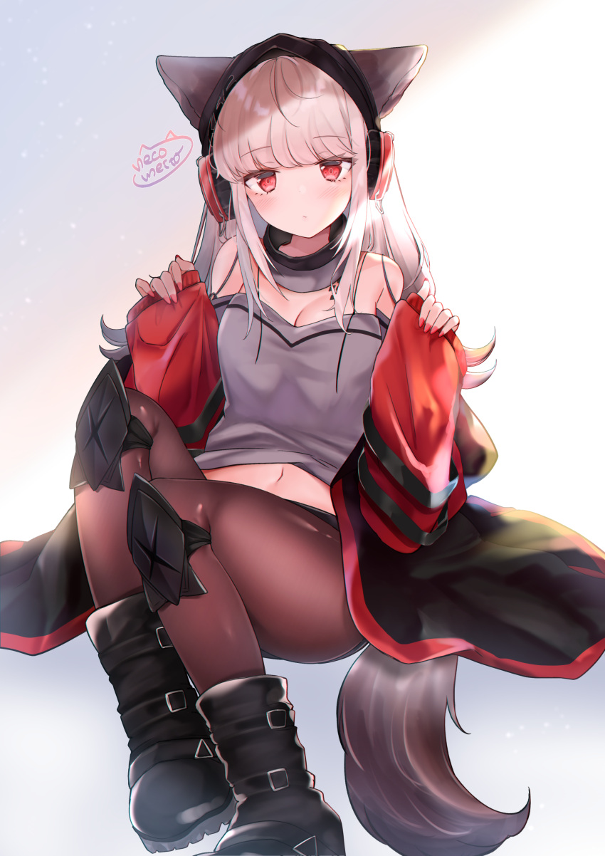 1girl abstract_background absurdres animal_ears arknights armpit_crease artist_logo black_footwear black_jacket boots breasts brown_pantyhose cleavage detached_collar fingernails floating frostleaf_(arknights) grey_shirt headphones highres implied_extra_ears jacket knee_pads leather leather_boots midriff_peek multicolored_clothes multicolored_jacket nail_polish neco_meito oripathy_lesion_(arknights) pantyhose red_eyes red_sleeves shirt sidelocks signature sitting solo tail thighs two-tone_jacket white_background white_hair